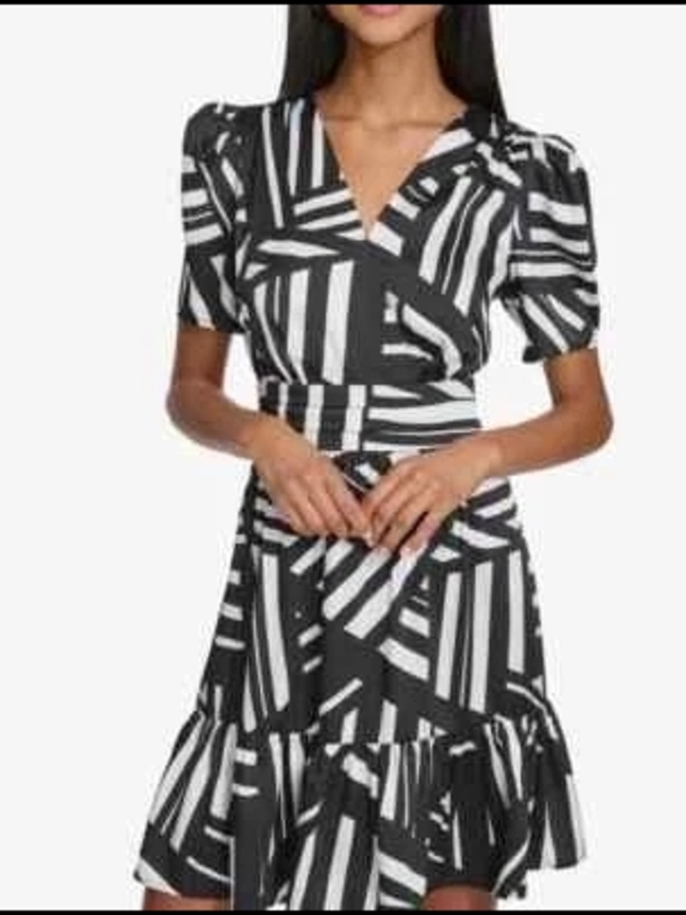 Karl Lagerfeld Black and White Striped Wrap-Style Mini Dress SZ 6